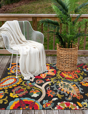 Multicolor Black 6' 1 x 9' Outdoor Casablanca Rectangle Area Rug Weather Resistant for Patio, Deck, Terrace, Balcony, Porch Polypropylene Vivid Colorful Modern Carpet for Sale at Rug Engine