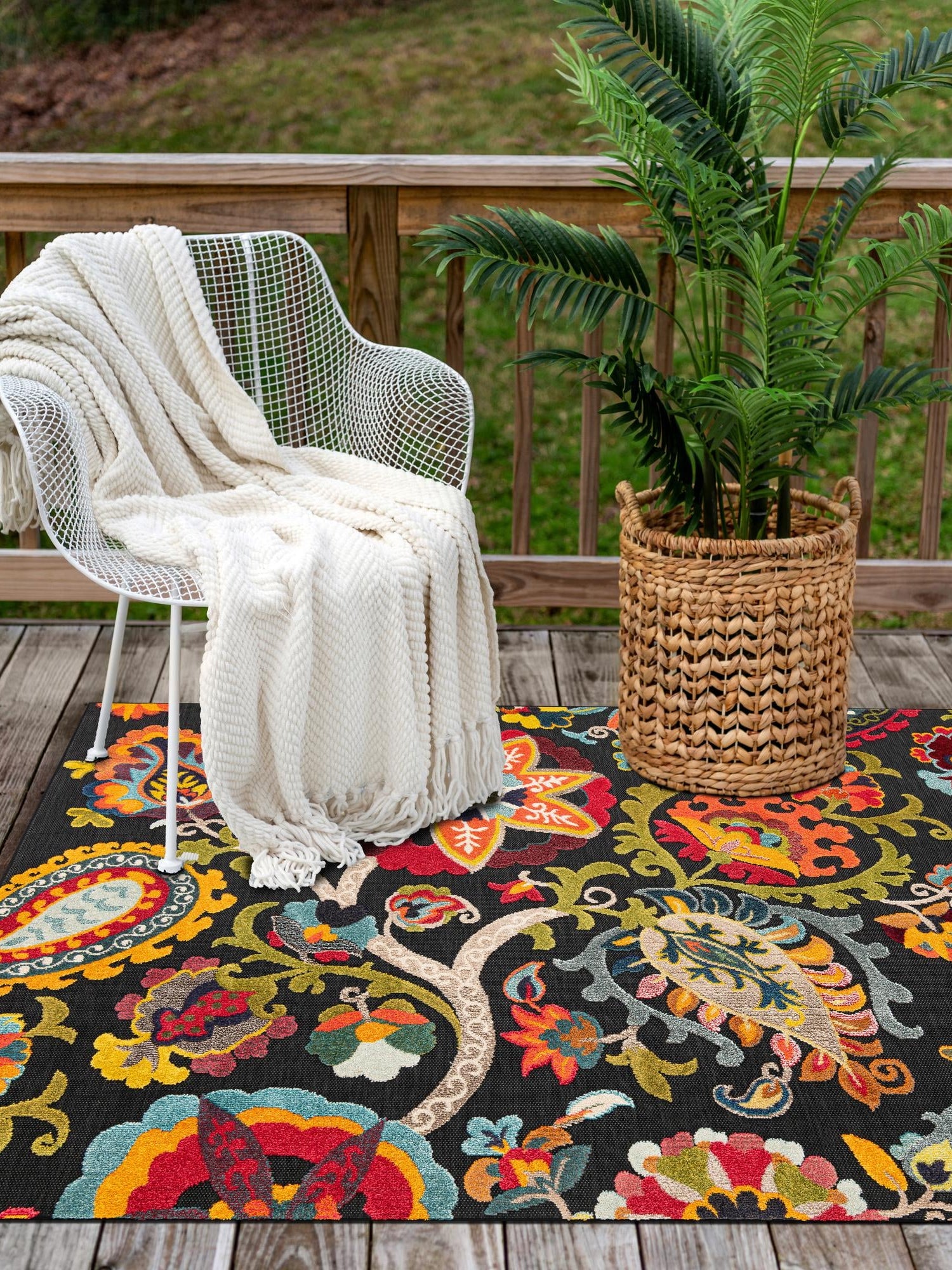 Multicolor Black 5' 1 x 7' 1 Outdoor Casablanca Rectangle Area Rug Weather Resistant for Patio, Deck, Terrace, Balcony, Porch Polypropylene Vivid Colorful Modern Carpet for Sale at Rug Engine