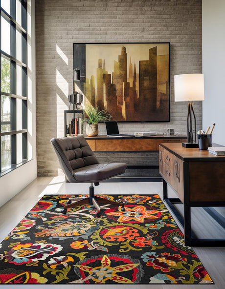 Multicolor Black 5' 3 x 8' Outdoor Casablanca Rectangle Area Rug Weather Resistant for Patio, Deck, Terrace, Balcony, Porch Polypropylene Vivid Colorful Modern Carpet for Sale at Rug Engine