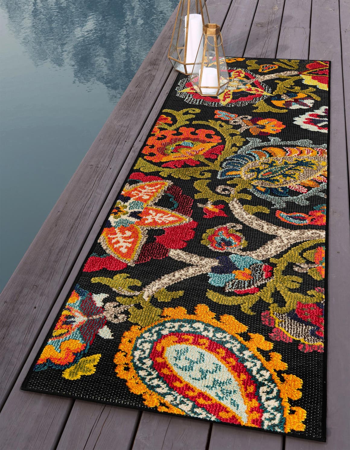 Multicolor Black 2' x 5' 1 Outdoor Casablanca Runner Area Rug Weather Resistant for Patio, Deck, Terrace, Balcony, Porch Polypropylene Vivid Colorful Modern Carpet for Sale at Rug Engine