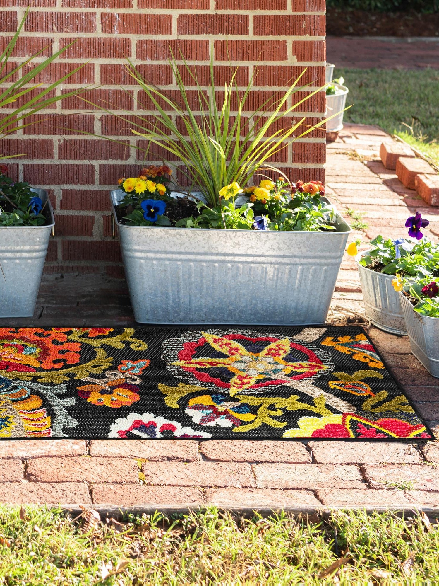 Multicolor Black 2' x 5' 1 Outdoor Casablanca Runner Area Rug Weather Resistant for Patio, Deck, Terrace, Balcony, Porch Polypropylene Vivid Colorful Modern Carpet for Sale at Rug Engine