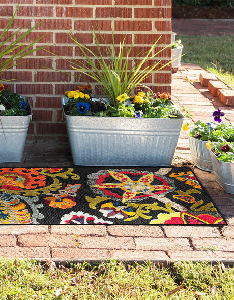 Multicolor Black 2' x 5' 1 Outdoor Casablanca Runner Area Rug Weather Resistant for Patio, Deck, Terrace, Balcony, Porch Polypropylene Vivid Colorful Modern Carpet for Sale at Rug Engine