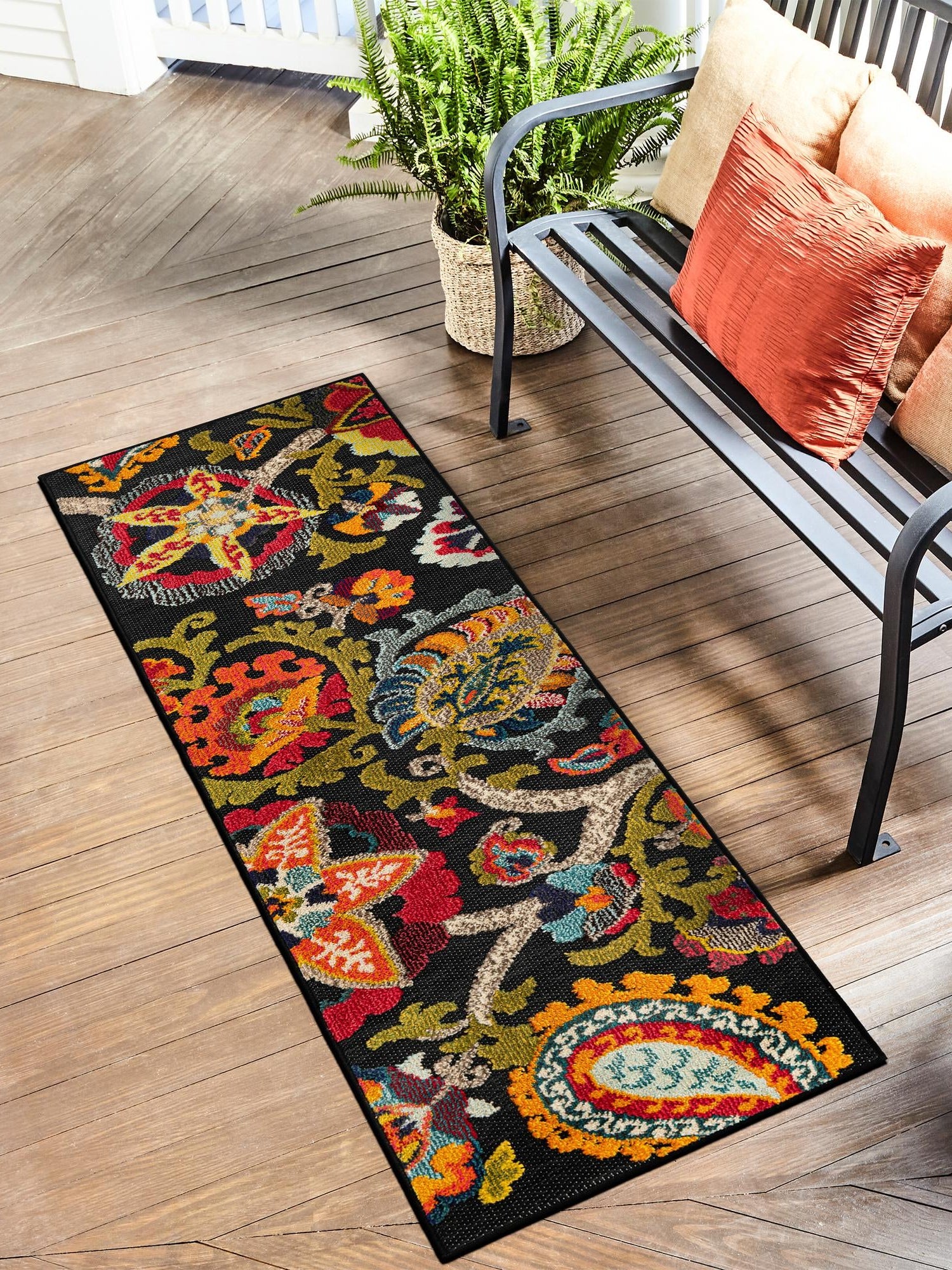 Multicolor Black 2' x 5' 1 Outdoor Casablanca Runner Area Rug Weather Resistant for Patio, Deck, Terrace, Balcony, Porch Polypropylene Vivid Colorful Modern Carpet for Sale at Rug Engine