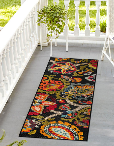 Multicolor Black 2' 7 x 12' Outdoor Casablanca Runner Area Rug Weather Resistant for Patio, Deck, Terrace, Balcony, Porch Polypropylene Vivid Colorful Modern Carpet for Sale at Rug Engine