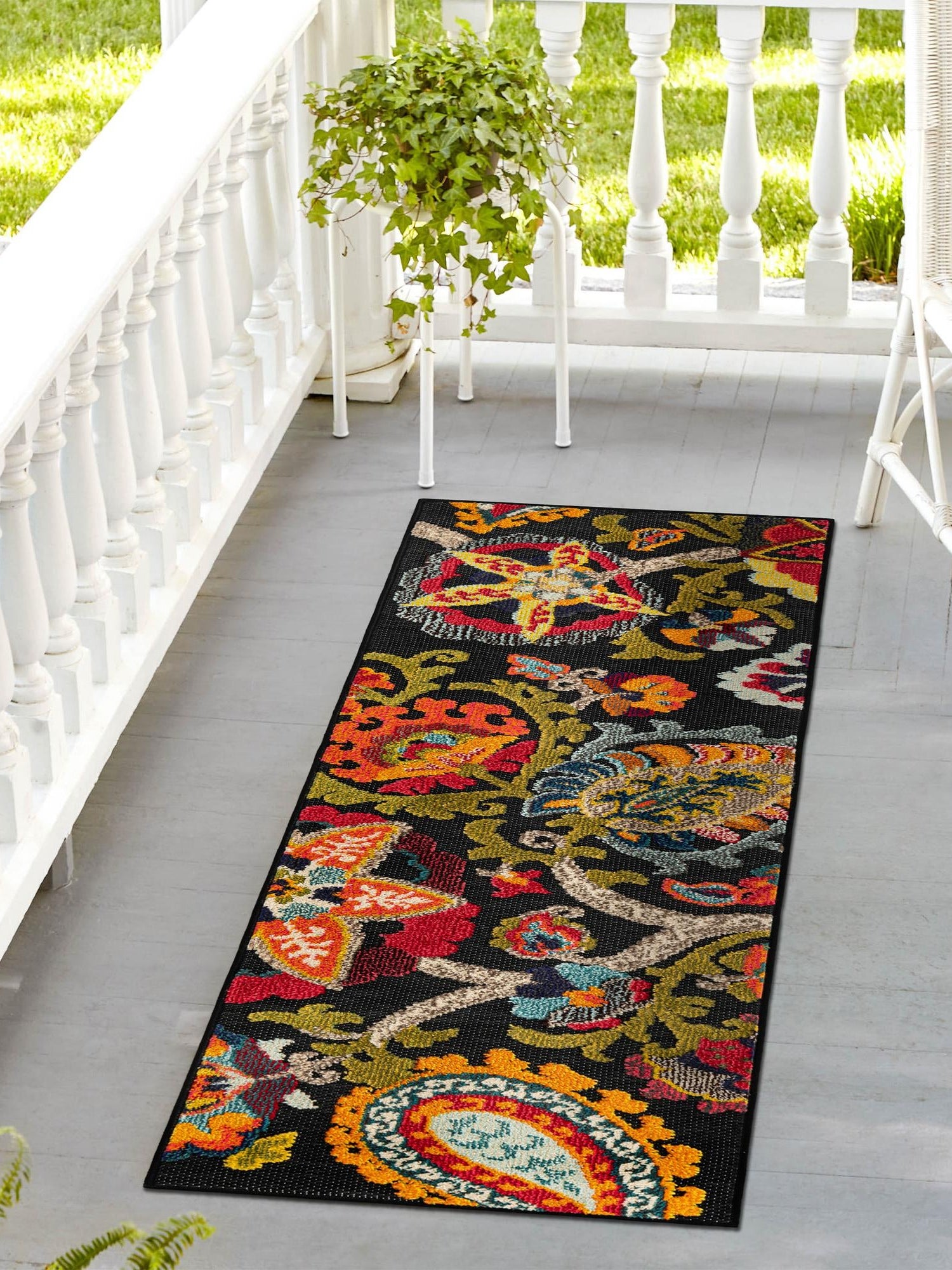 Multicolor Black 2' 7 x 10' Outdoor Casablanca Runner Area Rug Weather Resistant for Patio, Deck, Terrace, Balcony, Porch Polypropylene Vivid Colorful Modern Carpet for Sale at Rug Engine