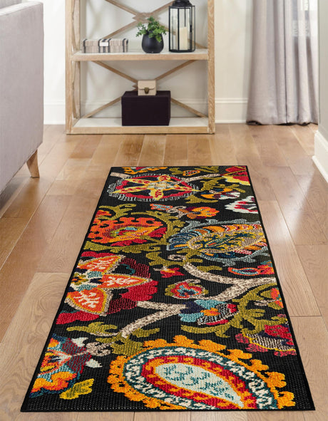 Multicolor Black 2' 7 x 12' Outdoor Casablanca Runner Area Rug Weather Resistant for Patio, Deck, Terrace, Balcony, Porch Polypropylene Vivid Colorful Modern Carpet for Sale at Rug Engine