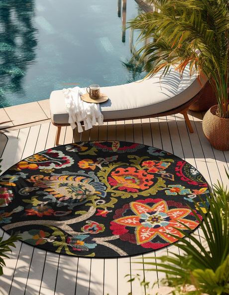 Multicolor Black 6' 1 x 6' 1 Outdoor Casablanca Round Area Rug Weather Resistant for Patio, Deck, Terrace, Balcony, Porch Polypropylene Vivid Colorful Modern Carpet for Sale at Rug Engine