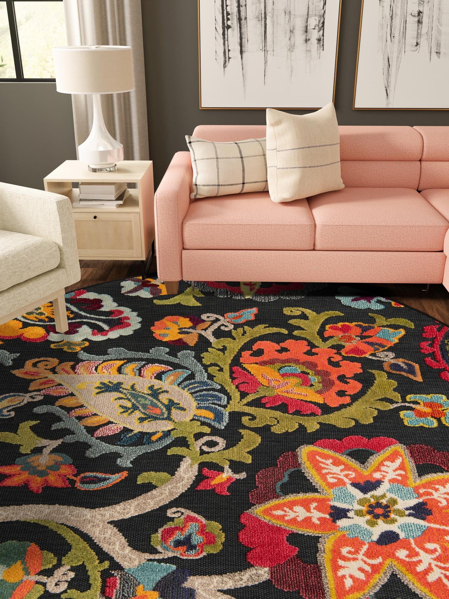 Multicolor Black 7' 10 x 7' 10 Outdoor Casablanca Round Area Rug Weather Resistant for Patio, Deck, Terrace, Balcony, Porch Polypropylene Vivid Colorful Modern Carpet for Sale at Rug Engine