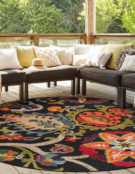 Multicolor Black 6' 1 x 6' 1 Outdoor Casablanca Round Area Rug Weather Resistant for Patio, Deck, Terrace, Balcony, Porch Polypropylene Vivid Colorful Modern Carpet for Sale at Rug Engine