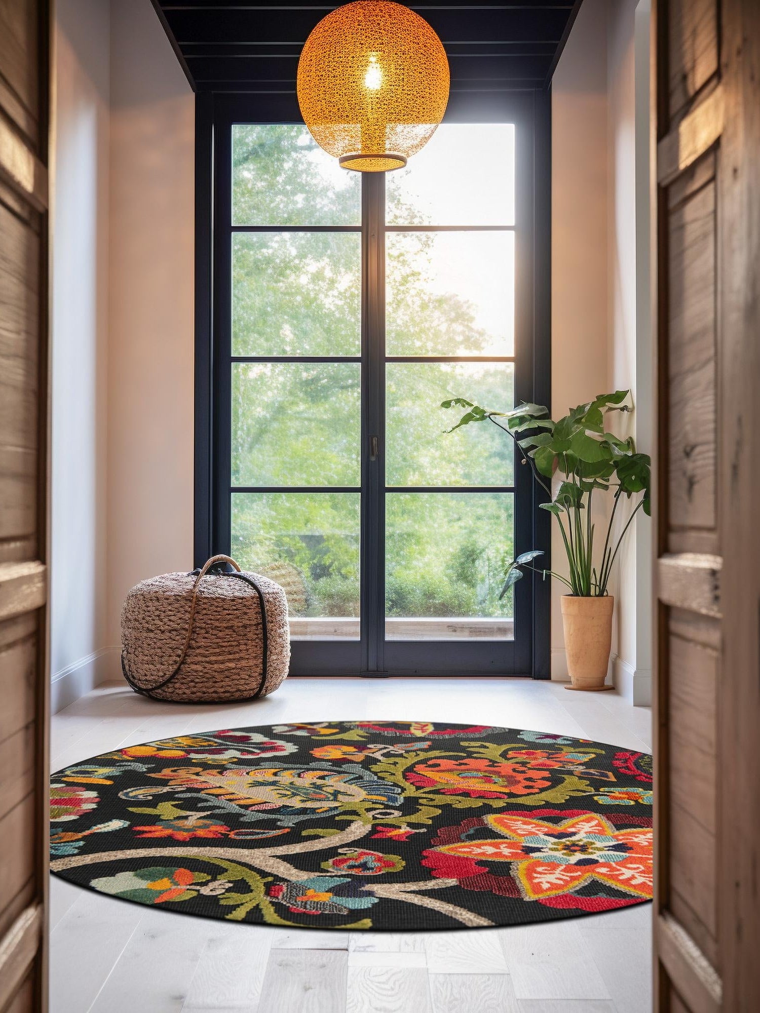 Multicolor Black 6' 1 x 6' 1 Outdoor Casablanca Round Area Rug Weather Resistant for Patio, Deck, Terrace, Balcony, Porch Polypropylene Vivid Colorful Modern Carpet for Sale at Rug Engine