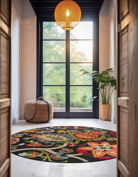 Multicolor Black 6' 1 x 6' 1 Outdoor Casablanca Round Area Rug Weather Resistant for Patio, Deck, Terrace, Balcony, Porch Polypropylene Vivid Colorful Modern Carpet for Sale at Rug Engine