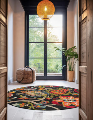 Multicolor Black 7' 10 x 7' 10 Outdoor Casablanca Round Area Rug Weather Resistant for Patio, Deck, Terrace, Balcony, Porch Polypropylene Vivid Colorful Modern Carpet for Sale at Rug Engine