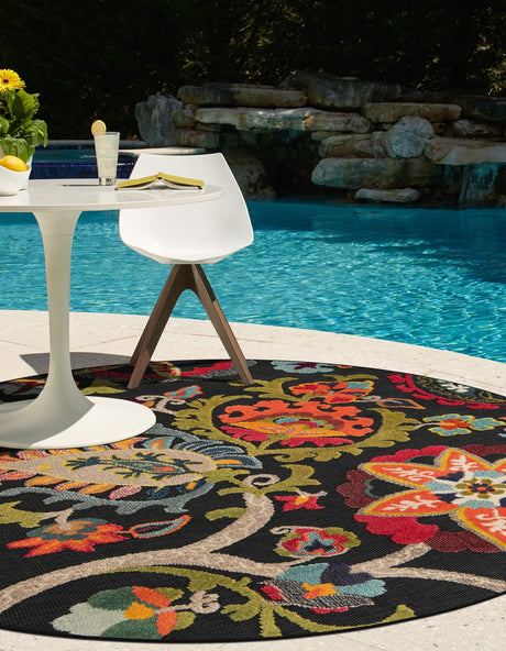 Multicolor Black 6' 1 x 6' 1 Outdoor Casablanca Round Area Rug Weather Resistant for Patio, Deck, Terrace, Balcony, Porch Polypropylene Vivid Colorful Modern Carpet for Sale at Rug Engine