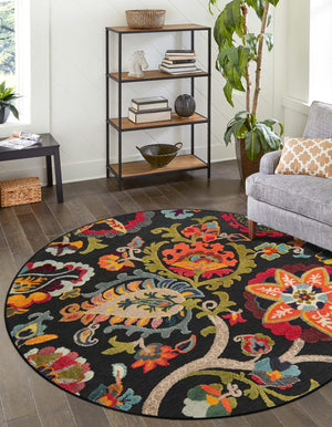 Multicolor Black 6' 1 x 6' 1 Outdoor Casablanca Round Area Rug Weather Resistant for Patio, Deck, Terrace, Balcony, Porch Polypropylene Vivid Colorful Modern Carpet for Sale at Rug Engine