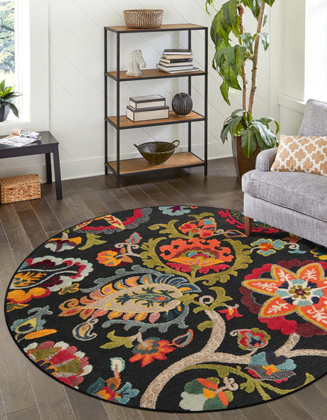 Multicolor Black 6' 1 x 6' 1 Outdoor Casablanca Round Area Rug Weather Resistant for Patio, Deck, Terrace, Balcony, Porch Polypropylene Vivid Colorful Modern Carpet for Sale at Rug Engine