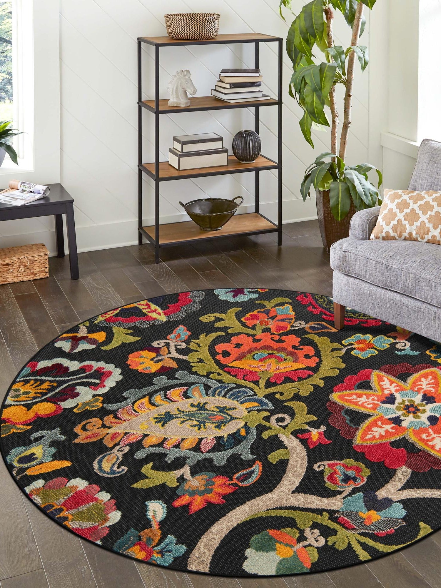 Multicolor Black 7' 10 x 7' 10 Outdoor Casablanca Round Area Rug Weather Resistant for Patio, Deck, Terrace, Balcony, Porch Polypropylene Vivid Colorful Modern Carpet for Sale at Rug Engine