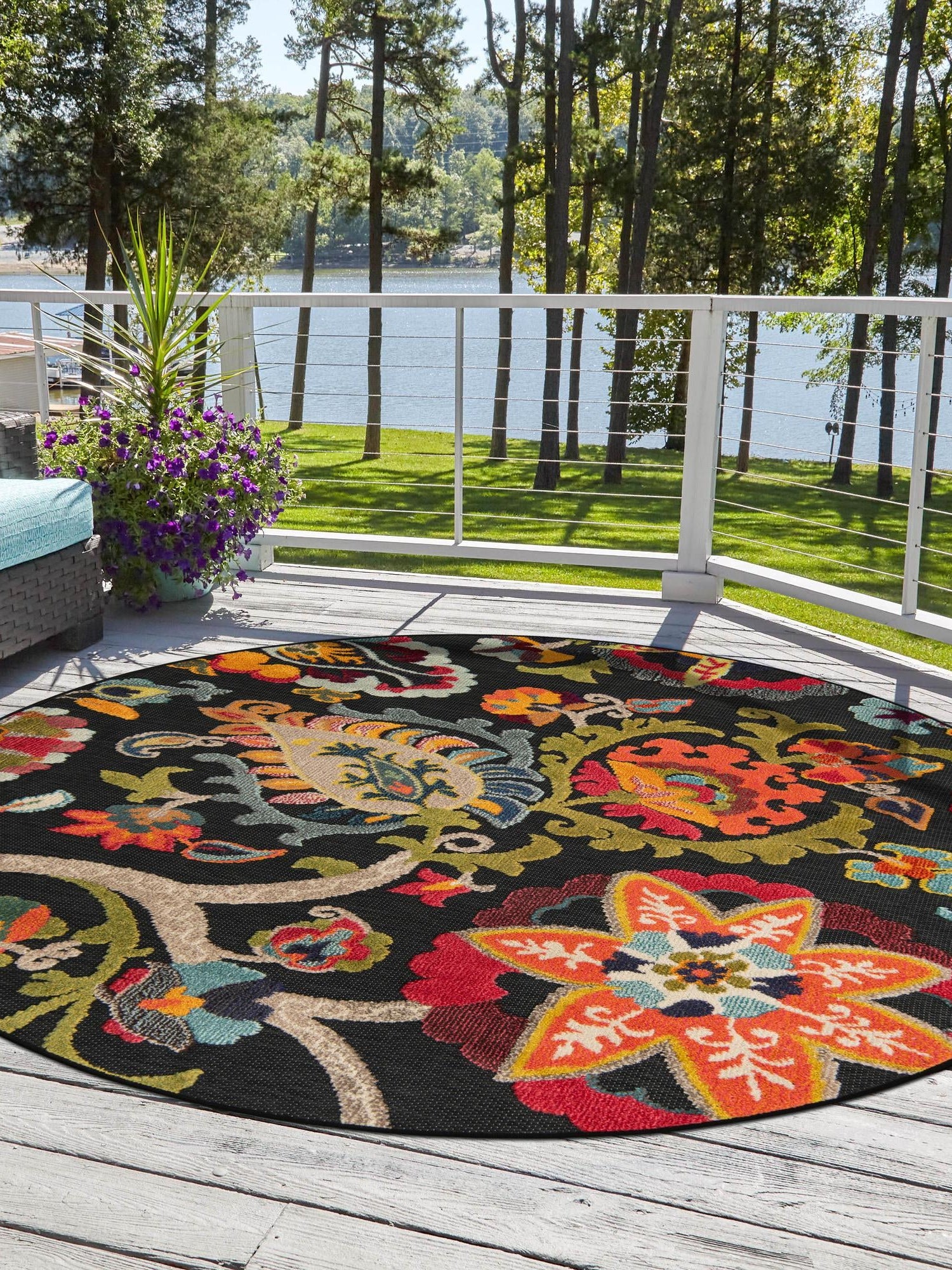 Multicolor Black 6' 1 x 6' 1 Outdoor Casablanca Round Area Rug Weather Resistant for Patio, Deck, Terrace, Balcony, Porch Polypropylene Vivid Colorful Modern Carpet for Sale at Rug Engine