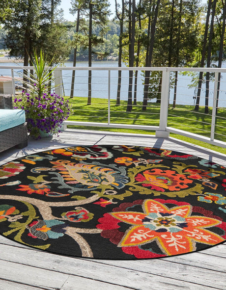 Multicolor Black 6' 1 x 6' 1 Outdoor Casablanca Round Area Rug Weather Resistant for Patio, Deck, Terrace, Balcony, Porch Polypropylene Vivid Colorful Modern Carpet for Sale at Rug Engine