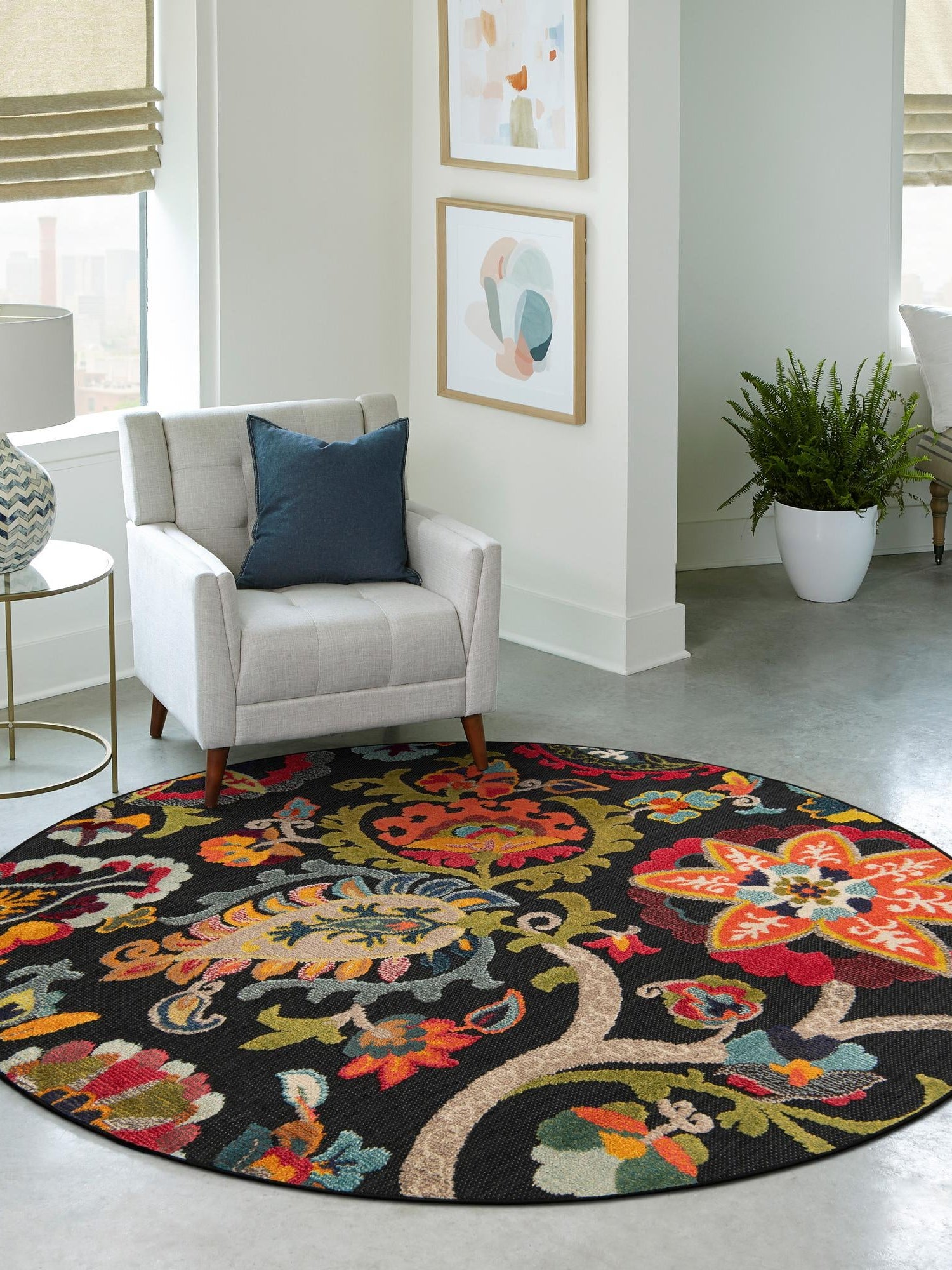 Multicolor Black 6' 1 x 6' 1 Outdoor Casablanca Round Area Rug Weather Resistant for Patio, Deck, Terrace, Balcony, Porch Polypropylene Vivid Colorful Modern Carpet for Sale at Rug Engine