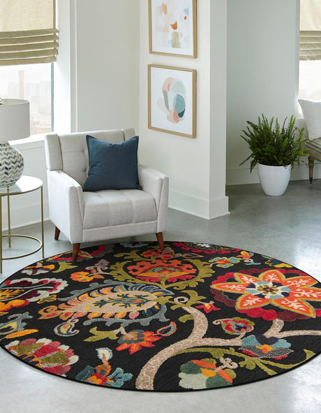 Multicolor Black 6' 1 x 6' 1 Outdoor Casablanca Round Area Rug Weather Resistant for Patio, Deck, Terrace, Balcony, Porch Polypropylene Vivid Colorful Modern Carpet for Sale at Rug Engine