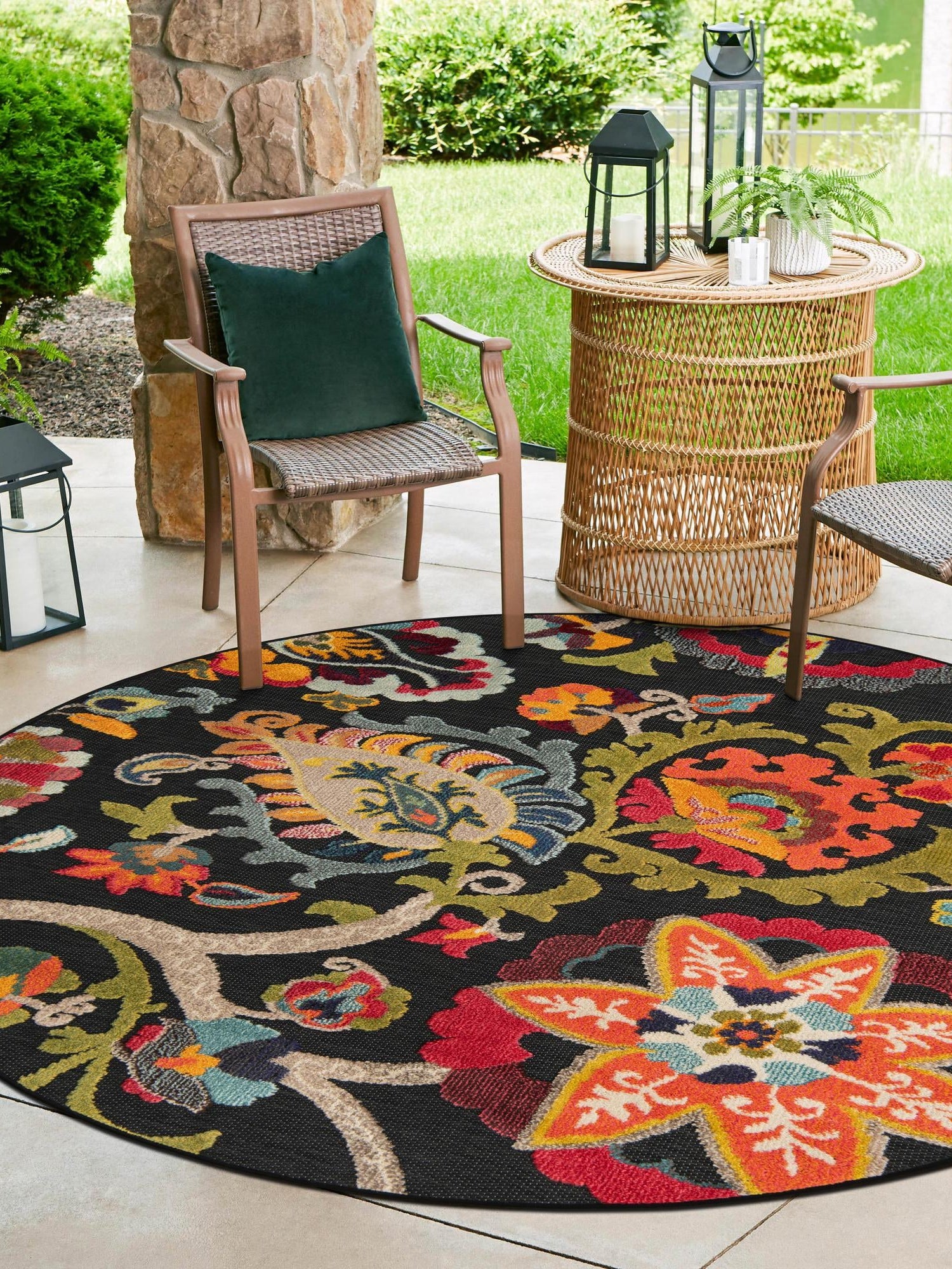 Multicolor Black 6' 1 x 6' 1 Outdoor Casablanca Round Area Rug Weather Resistant for Patio, Deck, Terrace, Balcony, Porch Polypropylene Vivid Colorful Modern Carpet for Sale at Rug Engine