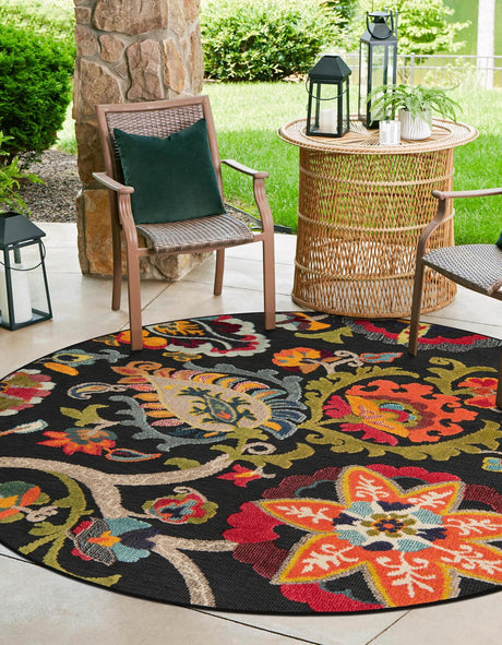 Multicolor Black 6' 1 x 6' 1 Outdoor Casablanca Round Area Rug Weather Resistant for Patio, Deck, Terrace, Balcony, Porch Polypropylene Vivid Colorful Modern Carpet for Sale at Rug Engine