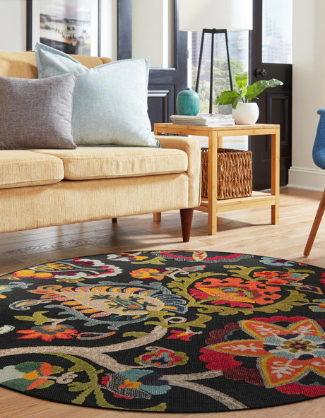 Multicolor Black 6' 1 x 6' 1 Outdoor Casablanca Round Area Rug Weather Resistant for Patio, Deck, Terrace, Balcony, Porch Polypropylene Vivid Colorful Modern Carpet for Sale at Rug Engine