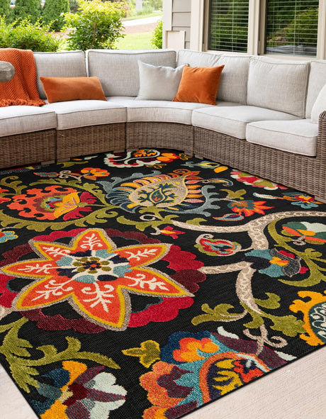 Multicolor Black 10' x 10' Outdoor Casablanca Square Area Rug Weather Resistant for Patio, Deck, Terrace, Balcony, Porch Polypropylene Vivid Colorful Modern Carpet for Sale at Rug Engine