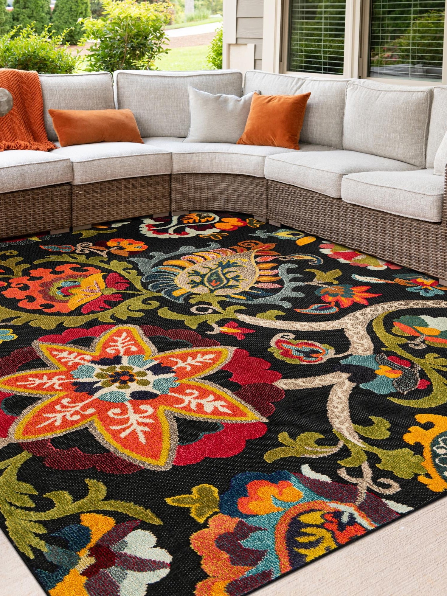 Multicolor Black 7' 10 x 7' 10 Outdoor Casablanca Square Area Rug Weather Resistant for Patio, Deck, Terrace, Balcony, Porch