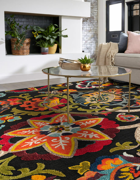 Multicolor Black 10' x 10' Outdoor Casablanca Square Area Rug Weather Resistant for Patio, Deck, Terrace, Balcony, Porch Polypropylene Vivid Colorful Modern Carpet for Sale at Rug Engine