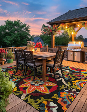Multicolor Black 10' x 10' Outdoor Casablanca Square Area Rug Weather Resistant for Patio, Deck, Terrace, Balcony, Porch Polypropylene Vivid Colorful Modern Carpet for Sale at Rug Engine