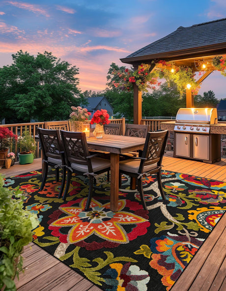 Multicolor Black 10' x 10' Outdoor Casablanca Square Area Rug Weather Resistant for Patio, Deck, Terrace, Balcony, Porch Polypropylene Vivid Colorful Modern Carpet for Sale at Rug Engine
