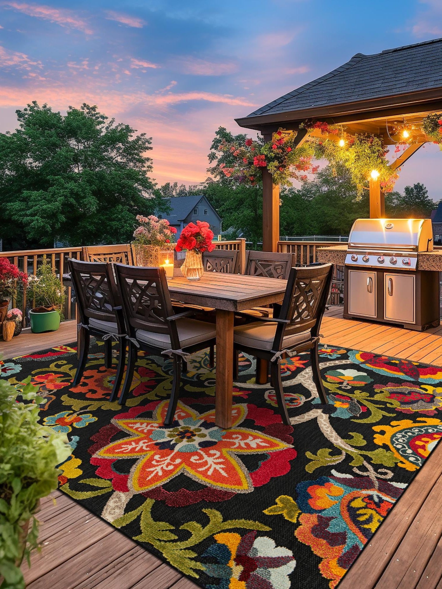 Multicolor Black 7' 10 x 7' 10 Outdoor Casablanca Square Area Rug Weather Resistant for Patio, Deck, Terrace, Balcony, Porch