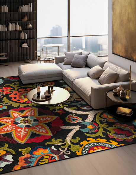 Multicolor Black 10' x 10' Outdoor Casablanca Square Area Rug Weather Resistant for Patio, Deck, Terrace, Balcony, Porch Polypropylene Vivid Colorful Modern Carpet for Sale at Rug Engine