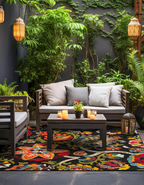 Multicolor Black 10' x 10' Outdoor Casablanca Square Area Rug Weather Resistant for Patio, Deck, Terrace, Balcony, Porch Polypropylene Vivid Colorful Modern Carpet for Sale at Rug Engine