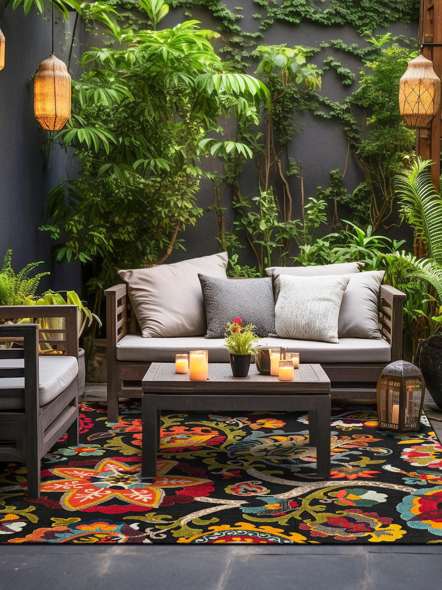 Multicolor Black 7' 10 x 7' 10 Outdoor Casablanca Square Area Rug Weather Resistant for Patio, Deck, Terrace, Balcony, Porch