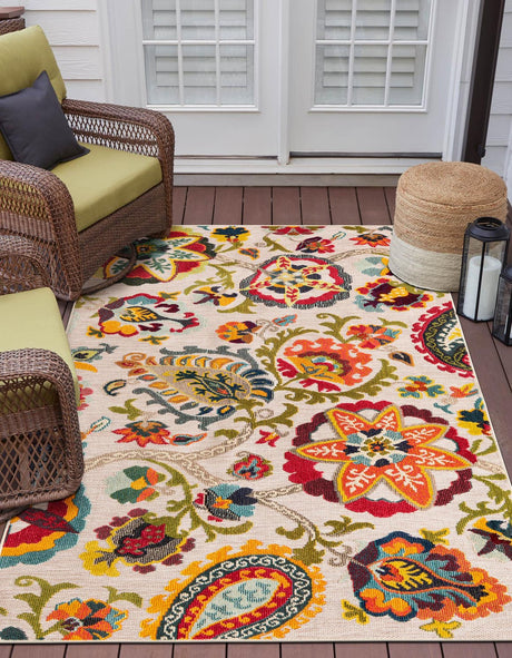 Multicolor Beige 7' 10 x 10' Outdoor Casablanca Rectangle Area Rug Weather Resistant for Patio, Deck, Terrace, Balcony, Porch Polypropylene Vivid Colorful Modern Carpet for Sale at Rug Engine