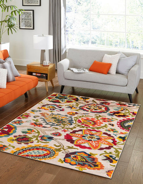 Multicolor Beige 4' 1 x 6' 1 Outdoor Casablanca Rectangle Area Rug Weather Resistant for Patio, Deck, Terrace, Balcony, Porch Polypropylene Vivid Colorful Modern Carpet for Sale at Rug Engine