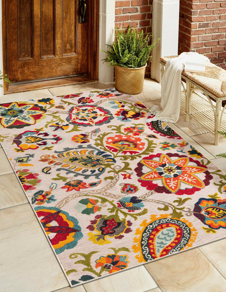 Multicolor Beige 9' x 12' Outdoor Casablanca Rectangle Area Rug Weather Resistant for Patio, Deck, Terrace, Balcony, Porch Polypropylene Vivid Colorful Modern Carpet for Sale at Rug Engine