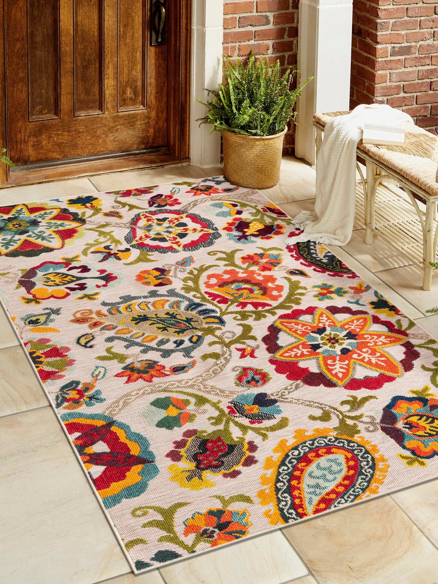 Multicolor Beige 7' 10 x 10' Outdoor Casablanca Rectangle Area Rug Weather Resistant for Patio, Deck, Terrace, Balcony, Porch Polypropylene Vivid Colorful Modern Carpet for Sale at Rug Engine