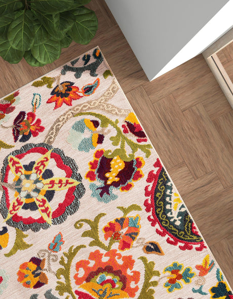 Multicolor Beige 2' x 3' 1 Outdoor Casablanca Rectangle Area Rug Weather Resistant for Patio, Deck, Terrace, Balcony, Porch Polypropylene Vivid Colorful Modern Carpet for Sale at Rug Engine