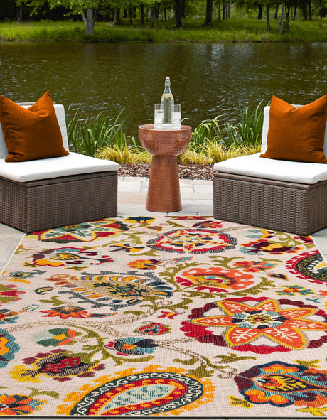 Multicolor Beige 4' 1 x 6' 1 Outdoor Casablanca Rectangle Area Rug Weather Resistant for Patio, Deck, Terrace, Balcony, Porch Polypropylene Vivid Colorful Modern Carpet for Sale at Rug Engine