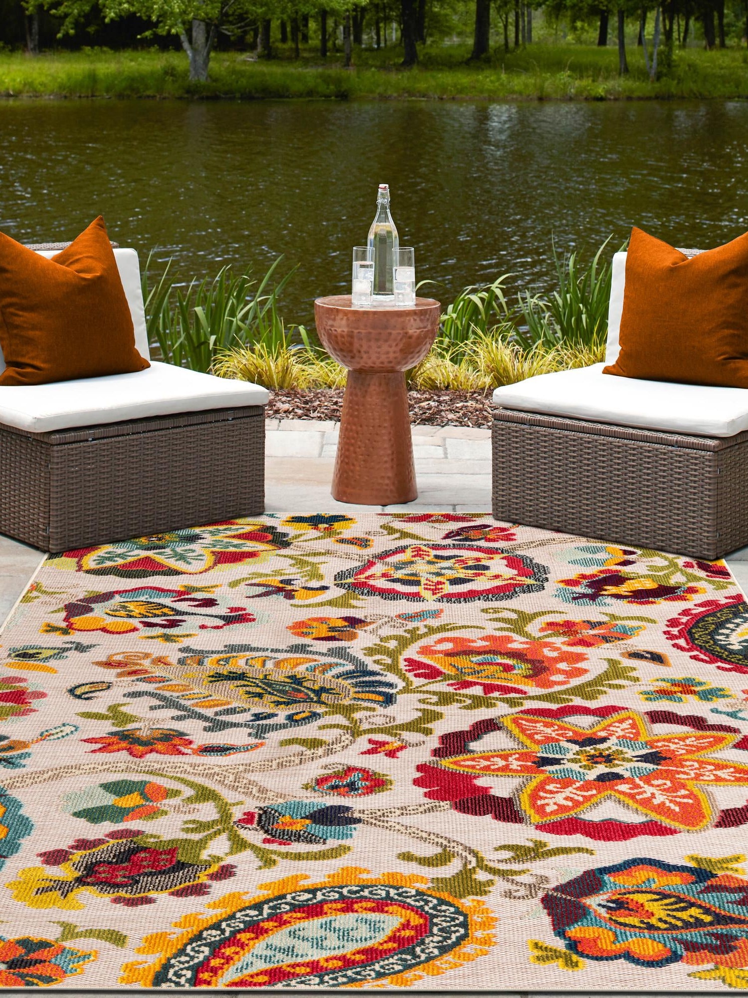 Multicolor Beige 5' 1 x 7' 1 Outdoor Casablanca Rectangle Area Rug Weather Resistant for Patio, Deck, Terrace, Balcony, Porch Polypropylene Vivid Colorful Modern Carpet for Sale at Rug Engine