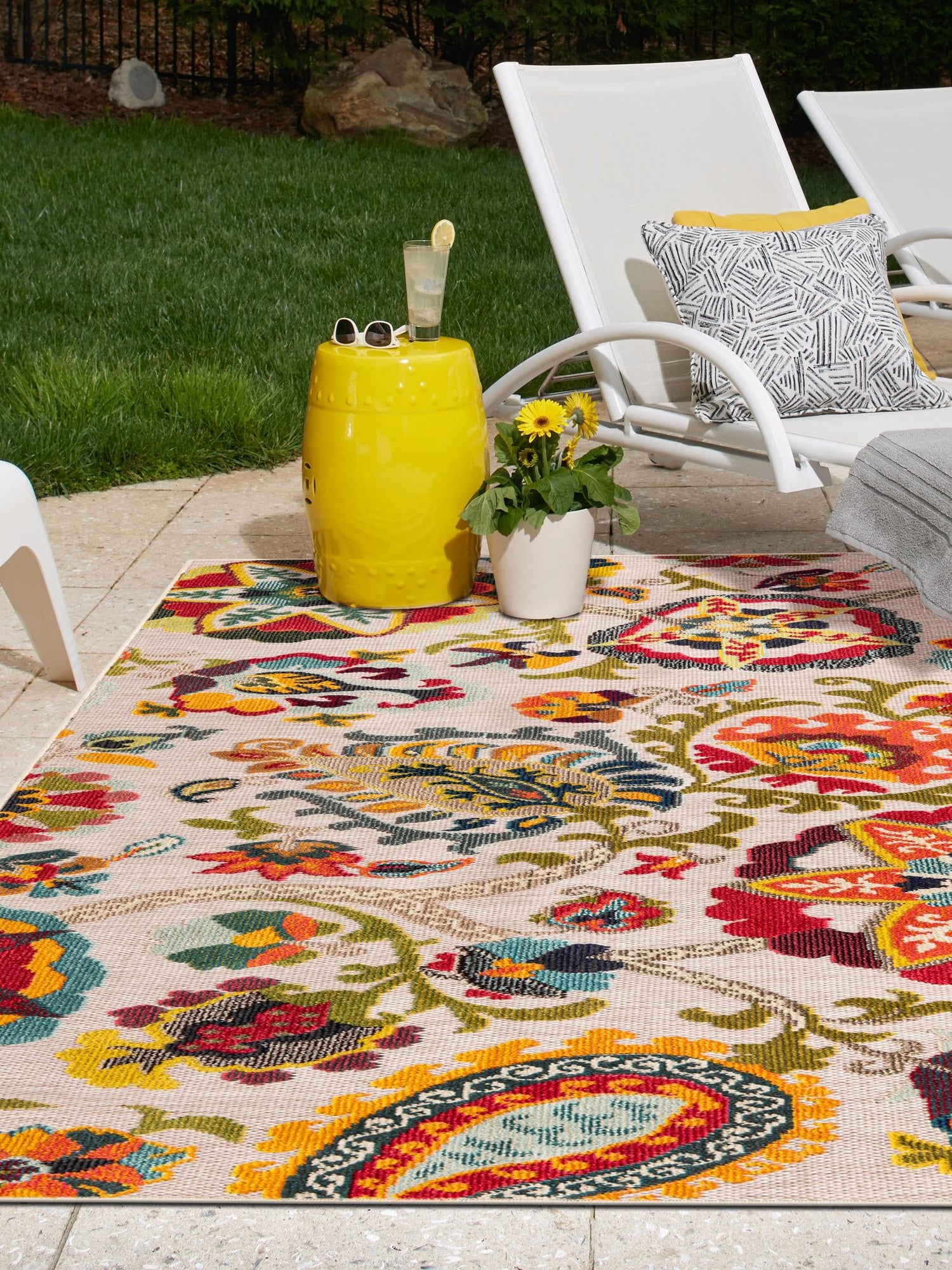 Multicolor Beige 7' 10 x 10' Outdoor Casablanca Rectangle Area Rug Weather Resistant for Patio, Deck, Terrace, Balcony, Porch Polypropylene Vivid Colorful Modern Carpet for Sale at Rug Engine