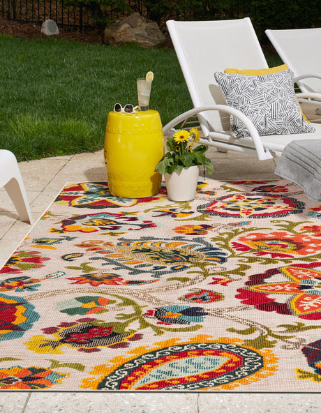 Multicolor Beige 5' 3 x 8' Outdoor Casablanca Rectangle Area Rug Weather Resistant for Patio, Deck, Terrace, Balcony, Porch Polypropylene Vivid Colorful Modern Carpet for Sale at Rug Engine