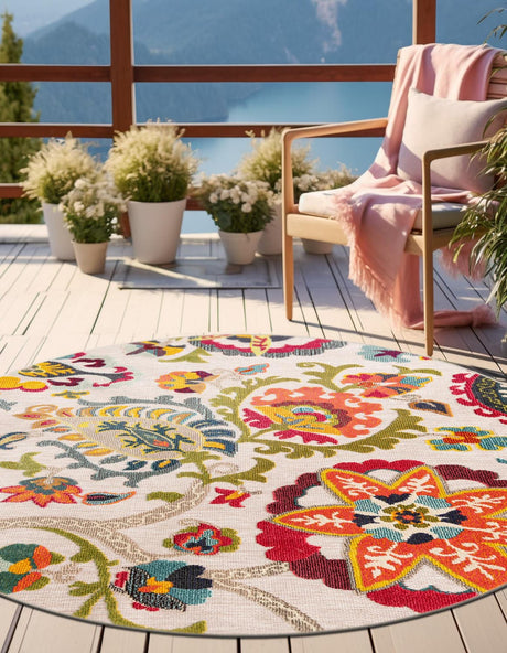 Multicolor Beige 3' 1 x 3' 1 Outdoor Casablanca Round Area Rug Weather Resistant for Patio, Deck, Terrace, Balcony, Porch Polypropylene Vivid Colorful Modern Carpet for Sale at Rug Engine