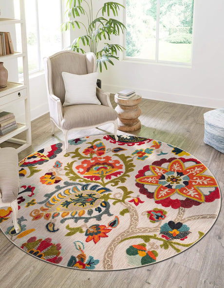 Multicolor Beige 6' 1 x 6' 1 Outdoor Casablanca Round Area Rug Weather Resistant for Patio, Deck, Terrace, Balcony, Porch Polypropylene Vivid Colorful Modern Carpet for Sale at Rug Engine