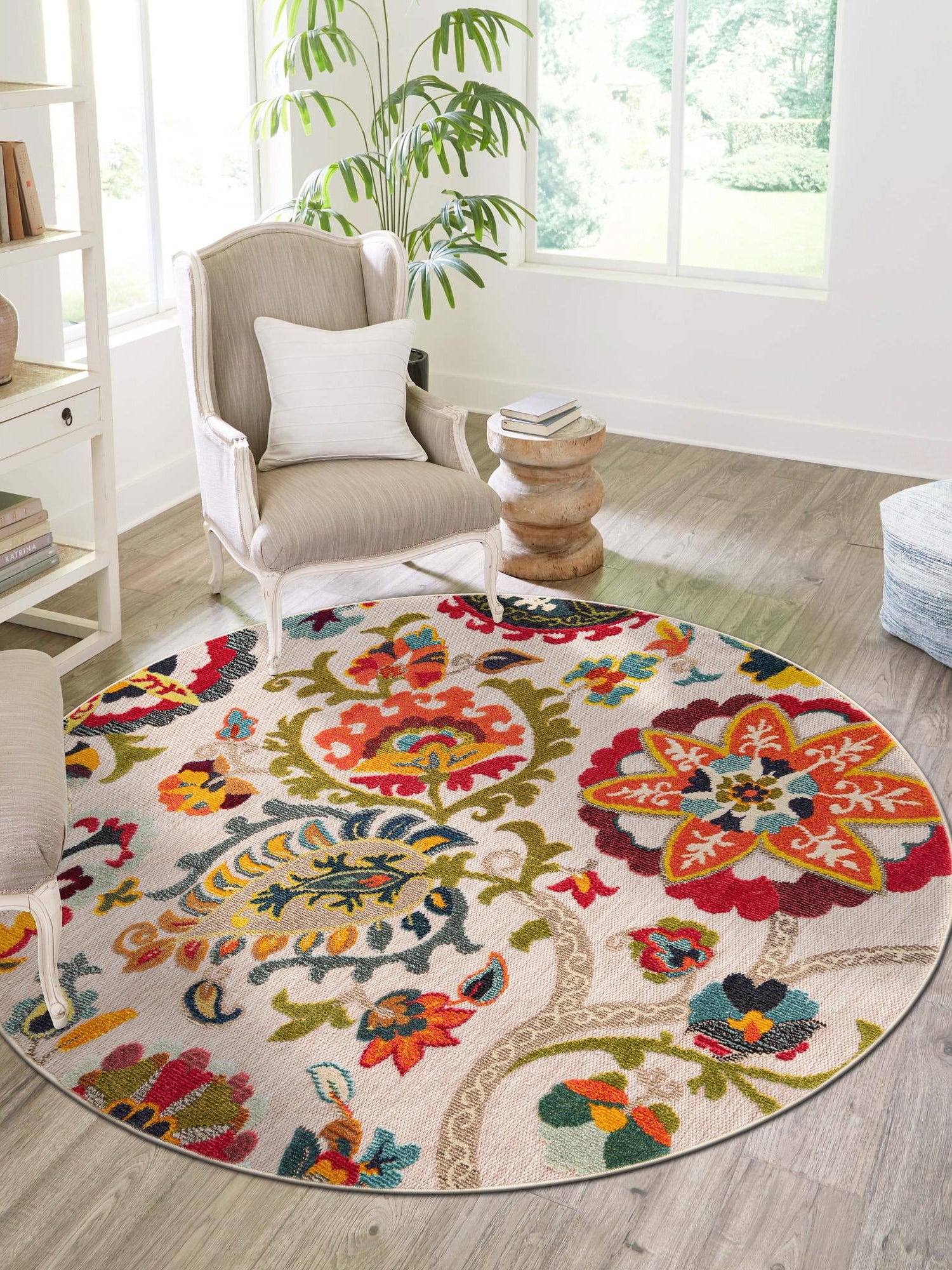 Multicolor Beige 7' 10 x 7' 10 Outdoor Casablanca Round Area Rug Weather Resistant for Patio, Deck, Terrace, Balcony, Porch Polypropylene Vivid Colorful Modern Carpet for Sale at Rug Engine