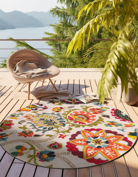 Multicolor Beige 6' 1 x 6' 1 Outdoor Casablanca Round Area Rug Weather Resistant for Patio, Deck, Terrace, Balcony, Porch Polypropylene Vivid Colorful Modern Carpet for Sale at Rug Engine