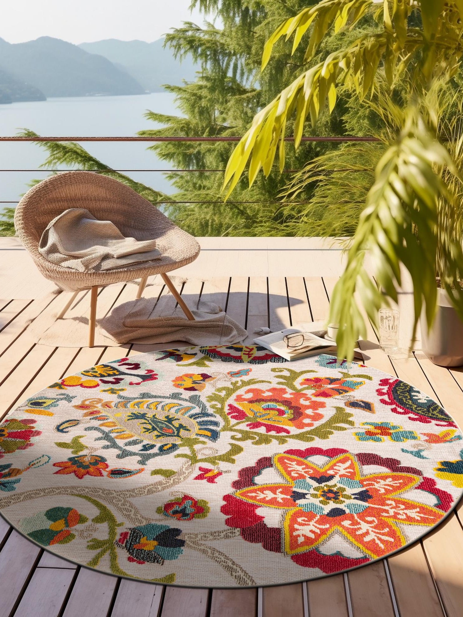 Multicolor Beige 7' 10 x 7' 10 Outdoor Casablanca Round Area Rug Weather Resistant for Patio, Deck, Terrace, Balcony, Porch Polypropylene Vivid Colorful Modern Carpet for Sale at Rug Engine